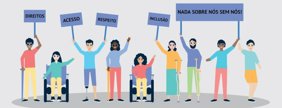 Ilustração de pessoas com deficiência segurando cartazes
